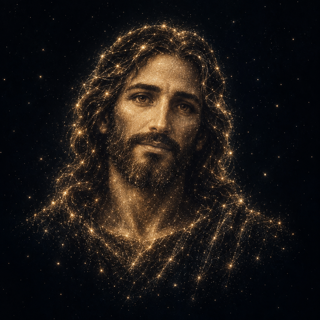 Representación artística de Jesús formada por estrellas luminosas